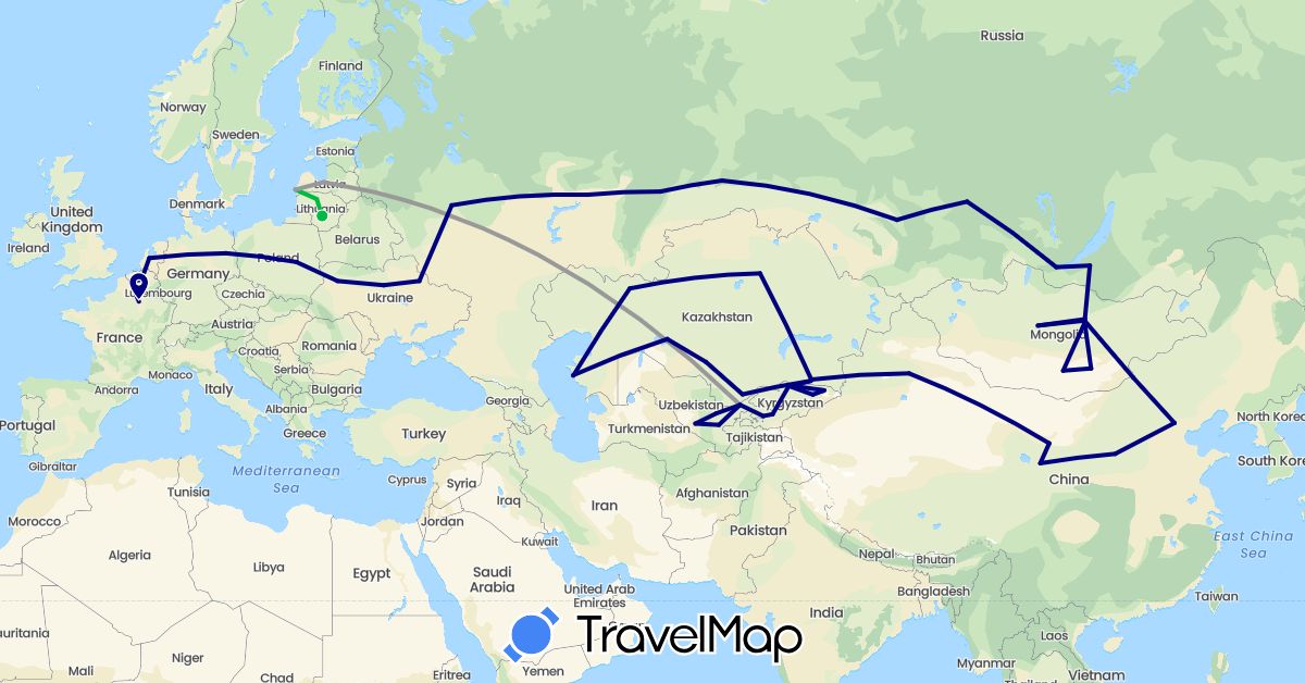 TravelMap itinerary: driving, bus, plane in Belgium, China, Germany, France, Kyrgyzstan, Kazakhstan, Lithuania, Latvia, Mongolia, Netherlands, Poland, Russia, Ukraine, Uzbekistan (Asia, Europe)